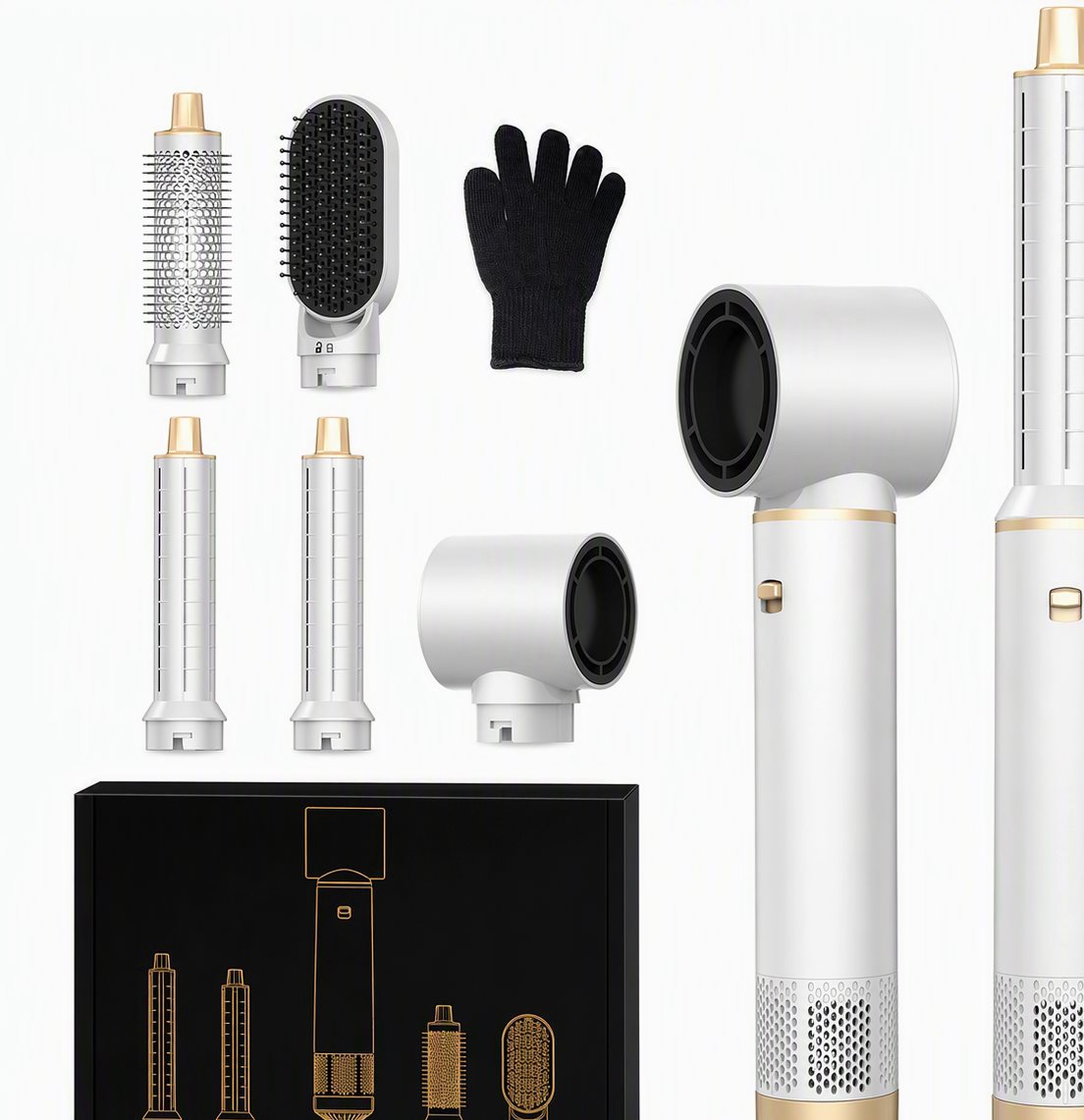 5-in-1 hot air styler set with brush attachments, curling barrels, glove and retail box on white background