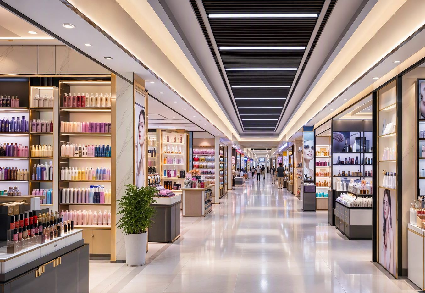 Inside the Eva International beauty wholesale market: illuminated storefronts of hair, skincare, makeup, nail and lash suppliers